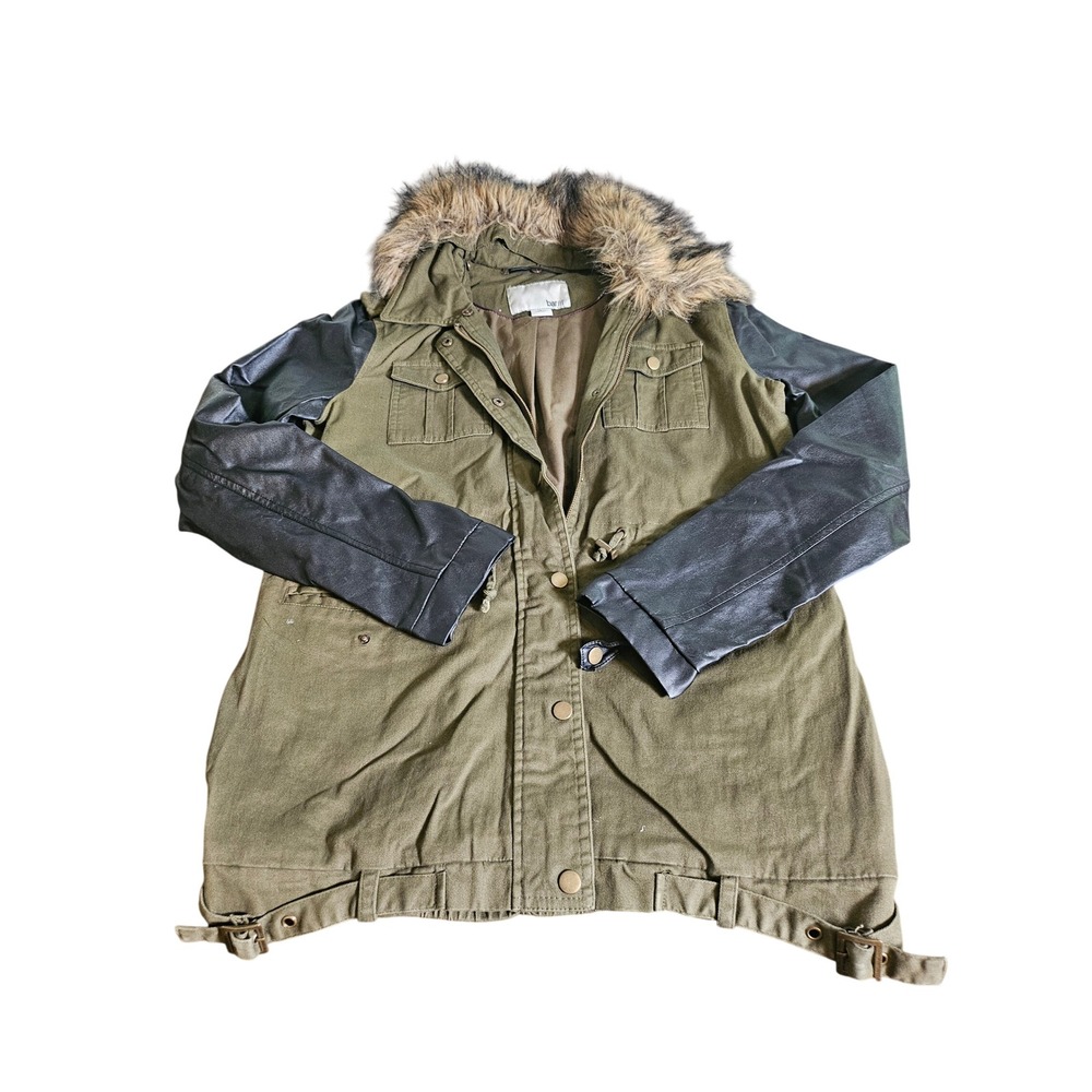 Bar III Anorak Jacket Women Small Green Faux Leather Sleeve Fur Trim BT23915-ME